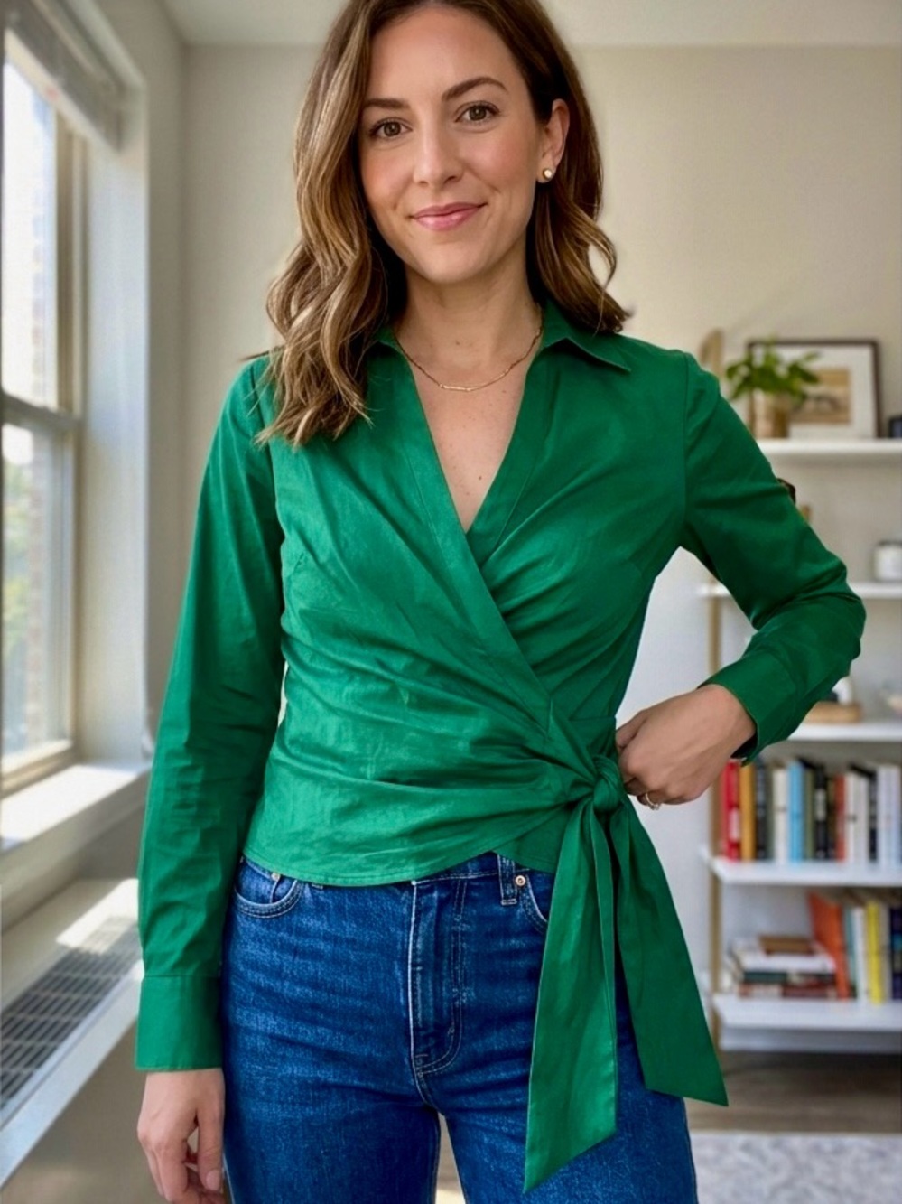 White House Black Market Green Wrap Blouse with Side Tie